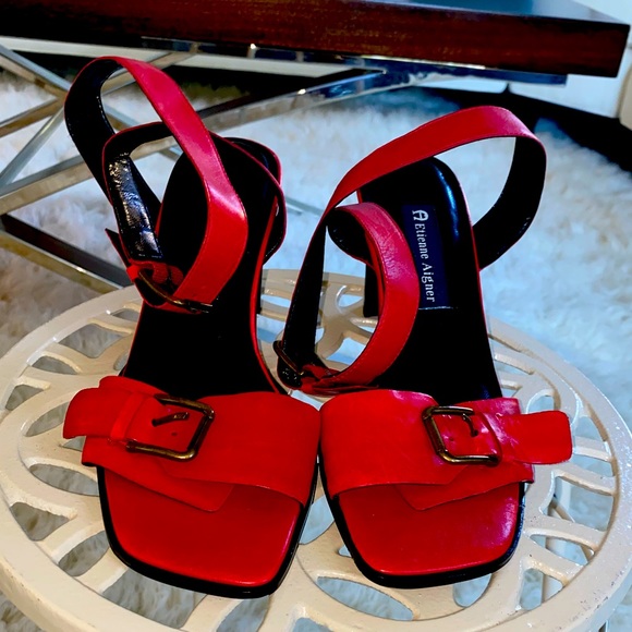 Red Leather Etienne Aigner Sandals Sz 7.5 - Picture 1 of 6